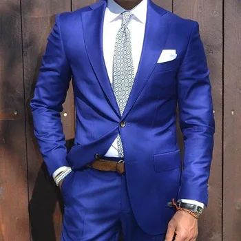 Kraliyet Mavi Slim Fit Erkek Takım Elbise Damat Düğün Balo Smokin 2 Parça Ceket pantolon seti Resmi Iş Ofis Giyim Kostüm Homme