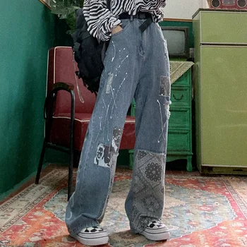 DAYIFUN Retro Kot Kadın Dikiş Yüksek Bel Geniş Bacak Kot Pantolon Sokak Hip Hop Büyük Boy Pantolon Gevşek Düz Kot Bayan