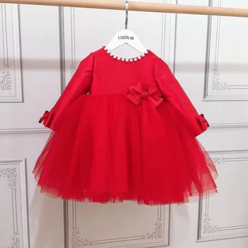Yürüyor Çocuk Prenses Elbiseler Doğum Günü İçin Kırmızı Dantel Boncuk Çiçek Kız Düğün Elbise Yay Tutu Çocuk Akşam parti giysileri
