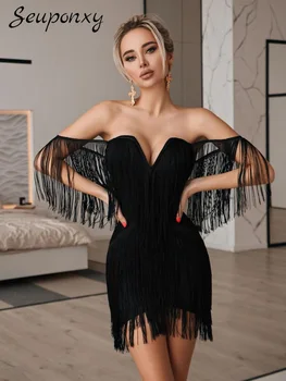 Yüksek Kaliteli Yaz 2022 Seksi Bir Omuz Straplez Saçak Bandaj Mini Elbise kadın Bodycon Zarif Akşam Parti Kulübü Elbise