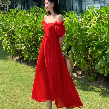 Yaz 2021 Pist Kapalı Omuz Zarif Parti Elbise Uzun Kore Tropikal Boho Plaj Tatil Elbise Maxi Kırmızı Şifon Kadın Elbise