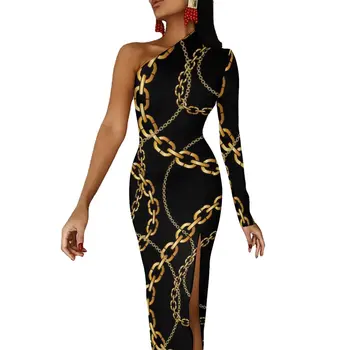 Altın Zincirler Bodycon Elbise Yaz Daire Zincir Baskı Modern Yan Bölünmüş Uzun Elbiseler Bayan Uzun Kollu Baskılı Parti Elbise