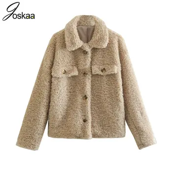 Joskaa Kadın Moda Kalın Sıcak Polar Ceket Vintage Turn-aşağı Yaka Uzun Kollu Ceket Kış 2022 Kadın Giyim Streetwear