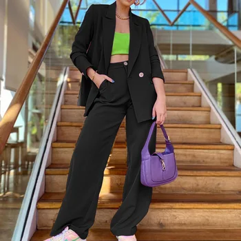Sonbahar Gevşek İki Parçalı Takım Elbise Kadın Uzun Kollu Tek Düğme Çentikli Blazer Düğmesi Yüksek Bel Geniş Bacak Pantolon Pantolon Takım Elbise
