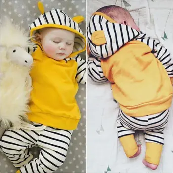 Yenidoğan Toddler Erkek Bebek Kız Giysileri Set Çizgili Kapüşonlu Sweatshirt Ve Uzun Pantolon Kıyafetler 2 adet Set Giysi