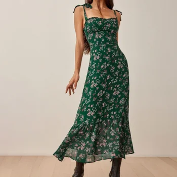 Maxi Vintage Yeşil Çiçek Baskılı Elbiseler Kadınlar için 2023 Zarif Seksi Spagetti Kayışı Şifon uzun elbise Vestidos De Fiesta