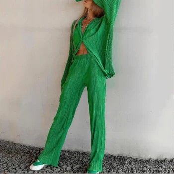 Yeni 2022 İki Parçalı Setleri Kadın Eşofman Gevşek Uzun Kollu Gömlek ve Geniş Bacak pantolon Vintage Takım Elbise Bahar Sonbahar Seksi Kadın Kıyafetler