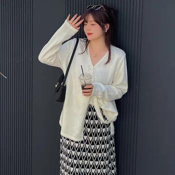 Sonbahar ve Kış Yeni Hırka Mont için Kadın V Yaka Üst Gevşek Moda Rahat Kadın Örme Hırka Ceket Bayan Kazak Örgü