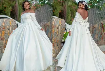 Afrika Artı boyutu düğün elbisesi gelinlikler Kapalı omuz Uzun Kollu Aç Geri Yaylar Saten