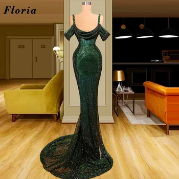 Floria Bling Yeşil Mermaid Abiye Arapça Spagetti Sapanlar Sequins Balo Abiye Artı Boyutu 2022 Kırmızı Halı Elbise Vestidos