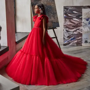 2022 Kırmızı Çiçek Kız Elbise Düğün İçin Saten Bir Çizgi Boncuklu Kemer Çocuklar Fotoğraf Çekimi Kıyafeti Doğum günü partisi elbisesi