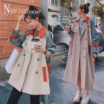 Kontrast Renk Patchwork Kadın Siper Uzun Tarzı 2021 İlkbahar Sonbahar Kore Gevşek Kadın Palto