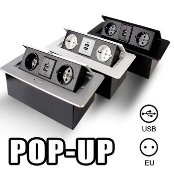 Toplantı Odası için USB Şarj İle Yavaş Pop Up Alüminyum Alaşımlı Kapak 2 3 AB Soket Masaüstü Soketi Masa Çıkışı Siyah Gümüş