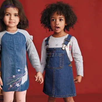 Küçük Maven Frocks Kız Sonbahar Yürümeye Başlayan Sonbahar Giysileri Denim Pamuk Vestidos Unicorn Starb Jean Elbise Çocuklar için 2-7 yıl