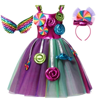 Çocuk Kız Tatlı Şeker Kostüm Unicorn Kanatları İle Glittery Fantezi Gökkuşağı Prenses Elbise Kıyafet Cadılar Bayramı Karnaval Parti Giyim