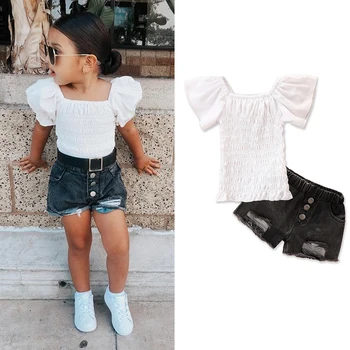 Yaz Moda Çocuk Kız Giyim Setleri Kapalı Omuz Katı Kısa Kollu T Shirt Kot Şort 1-6Y