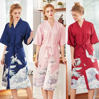 Kadınlar Uzun İpek Seksi Kimono Saten Bornoz Nedime Vinç Pembe bornoz Artı Boyutu Gelin Sabahlık Düğün Pijama