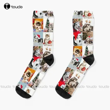 Sevimli Noel Husky Fotoğraf Kolaj Çorap Pamuk Çorap Erkekler İçin Moda Yaratıcı Eğlence Komik Sanat Soyut Yağlıboya Çorap