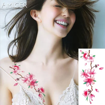 3D Gerçekçi Kiraz Çiçekleri Gül Büyük Çiçekler Su Geçirmez Geçici Dövmeler Kadınlar Flaş Dövme Kol Omuz Dövme Çıkartmalar