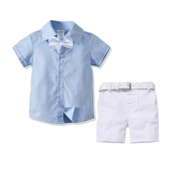 2 Parça Yaz Setleri Kısa Kollu Katı Çocuk Özel Erkek Giyim Gömlek Beyaz Pantolon Kemer Çocuk Giysileri