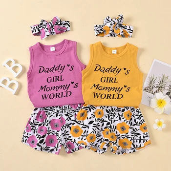 Pudcoco 2021 Yeni Varış Çocuklar Bebek Kız Moda 3 parça Kıyafet Seti Mektubu Baskı Tank Top + Çiçek Şort + saç bandı seti