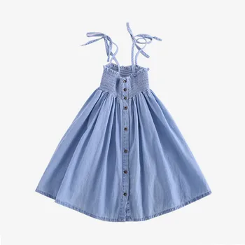 2020 Çocuk kız yeni yaz rahat elbise giyim çocuk moda kolsuz pilili denim kayma elbise kızlar için 3-8 yıl !