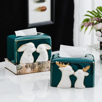 Klasik lüks akik yeşil oturma odası seramik doku kutusu Sevimli çift geyik tavşan kedi dekoratif doku kutuları Sıcak fikir