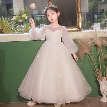 Yeni Basit Çiçek Kız Elbise Düğün İçin Illusion Tam Kollu Aplike Vestidos De Comunion Tatlı Tül Balo Çocuklar İçin