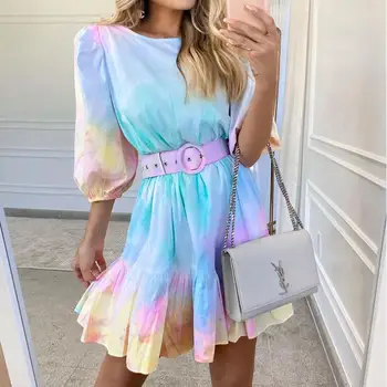2022 Moda Renk Kravat Boya Bayanlar rahat elbise O-boyun Uzun Ruffled Puf Kollu Elbise Kemer Gece Kulübü Zarif Yaz Vestido