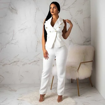 Beyaz İki Parçalı Set Kolsuz Casual Ofis Blazer Kadınlar Yüksek Bel kalem pantolon Takım Elbise Düz Renk Blazer Yelek Elastik pantolon seti