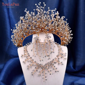 YouLaPan Altın Gelin yapay elmas taç düğün saç aksesuarları Takı Gelin Kafa Bandı Lüks Kadınlar Tiara Pageant Şapkalar