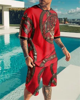 2022 Yeni Yaz erkek Takım Elbise Rahat Moda baskılı tişört + plaj şortu Seti Erkekler O-boyun Tees 2 parçalı Set Asya küçük boy S-5XL