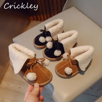 Sevimli Yay Pom Pom Toddler Kız Çizmeler Kış Polar Sıcak Çocuk Moda Çizmeler Kanca Döngü Yumuşak Kısa Peluş Çocuklar Ayak Bileği ayakkabı