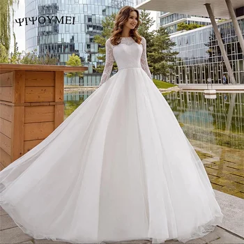 Zarif düğün elbisesi Yuvarlak Boyun Uzun Kollu düğün elbisesi Gelin Illusion Dantel Düğme Tank Top tarafından Özelleştirilmiş De Novia