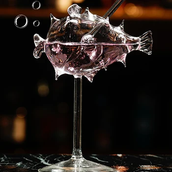 1 adet 200ml Yaratıcı Kirpi Balığı Kokteyl Cam Martini Bardağı Saman ile Şeffaf Kadeh Cam Bar Parti Drinkware Cam