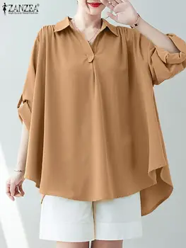 Büyük boy ZANZEA Ofis Yaka Boyun Gömlek Casual Katı Baggy Kazaklar 2022 Sonbahar Moda Kadın Bluz Gevşek Üstleri Blusa Femme