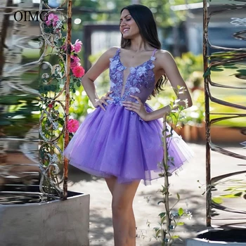 OIMG Lavanta Kısa Balo Parti Elbiseler 3D Çiçekler Boncuk Aplike Zarif Resmi Kokteyl Elbiseleri Organze Tutu balo elbisesi Akşam