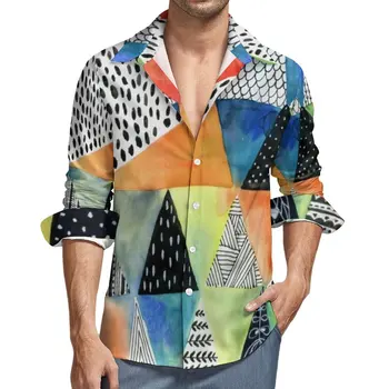 Doodled Geometri Gömlek Adam Renkli Baskı Casual Gömlek Sonbahar Estetik Grafik Bluzlar Uzun Kollu Serin Boy Üstleri Hediye