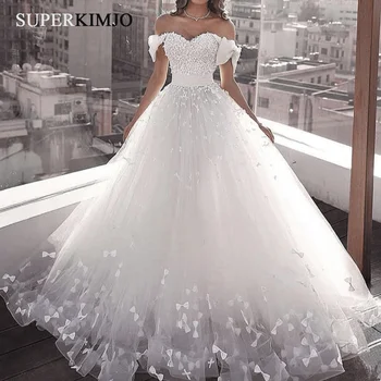 SuperKimJo Vestidos De Novia Beyaz Gelinlik Balo Dantel Aplike 3D Çiçek Zarif Gelin Elbise Elbiseler De Mariage