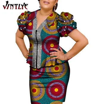 Yeni Dashiki Afrika Bazin Riche Dökümlü Üstleri ve Etek Setleri Kadınlar için Ofis Vestidos Afrika 2 Parça Etek Setleri Giyim WY7513