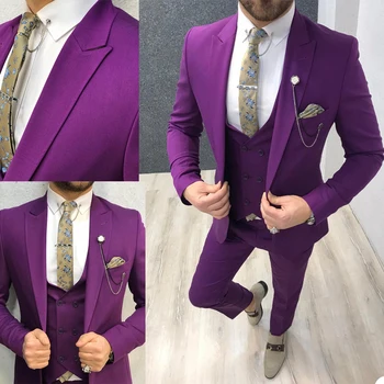 Iş Erkek Smokin Takım Elbise Doruğa Yaka Akıllı Rahat 3 Parça Set (Blazer + Yelek + Pantolon) bir Düğme Ofis Parti Balo Ceket