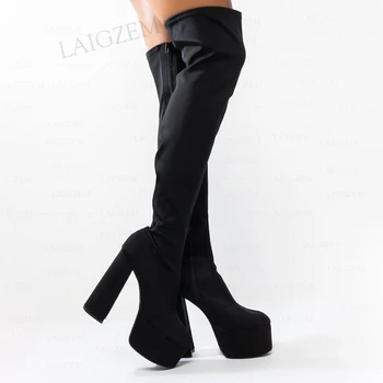 BERZIMER Kadın Diz Çizmeler Üzerinde Elastik Kumaş Yüksek Tıknaz Blok Topuklu Çizmeler Siyah Bayanlar kadın ayakkabısı Kadın Artı Boyutu 41 42 47