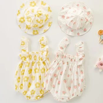 Bebek Bebek Kız Tulum + Şapka Kolsuz Pamuk Baskı Güzel Prenses Tarzı Yaz Bebek Giysileri Toddler Bebek Kız Romper