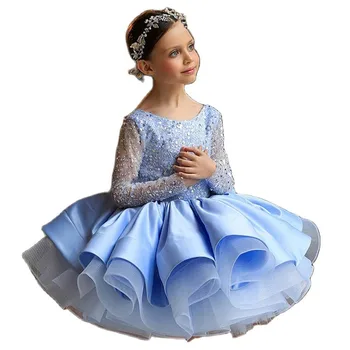 Mavi Çiçek Kız Elbise Pullu Bebek Kız Elbise Kabarık Prenses Sevimli Küçük Bebek Elbise Çocuk Doğum Günü Elbise İlk Communion