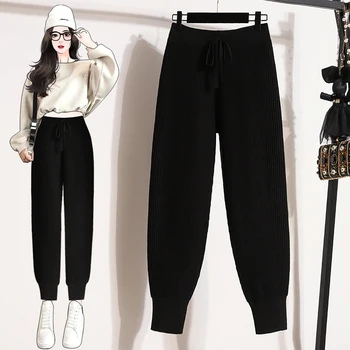 Siyah Örme Kalın İlkbahar Sonbahar Kış 2022 Kore Moda Kadın Kargo dökümlü pantolon Harajuku Kadın Giyim Yüksek Belli