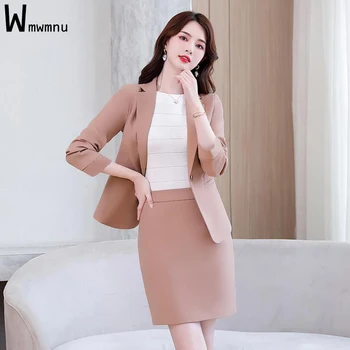 Ofis Bayanlar Katı Kıyafetler Kore İş Blazers ve Elastik Bel A-line Mini Etekler Resmi Büyük Boy 4xl Takım Elbise 2 parça Setleri