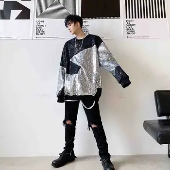 Kazak moda mağazası hip hop Peluş sonbahar gevşek ıns Pullu Ekip Boyun Kazak erkek gece Guochao ceket