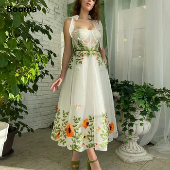 Booma Peri Sevgiliye Mesh Net Tül Midi balo kıyafetleri Yay Askıları Aplike Yapraklar Çiçekler A-Line Düğün Parti Elbiseler