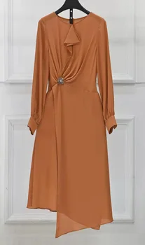 Yüksek Kalite Marka Yeni 2023 Bahar Elbise Kadın Fırfır Çiçek Boncuk Deco Uzun Kollu Orta Buzağı Gri Turuncu Elbise Kadın 3xl