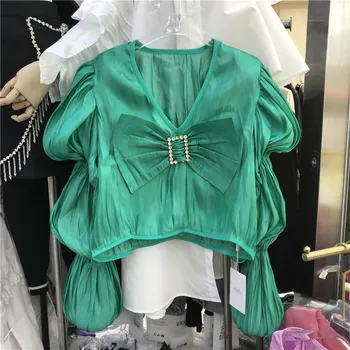 Papyon Kabarcık Kollu V Yaka Gömlek Kadın Gömlek Bluzlar Bahar 2022 Pilili şifon bluz Mor Blusa Mujer